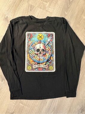 Black Long Sleeve Tee with Colorful 'The Cereal Killer' Skull Graphic